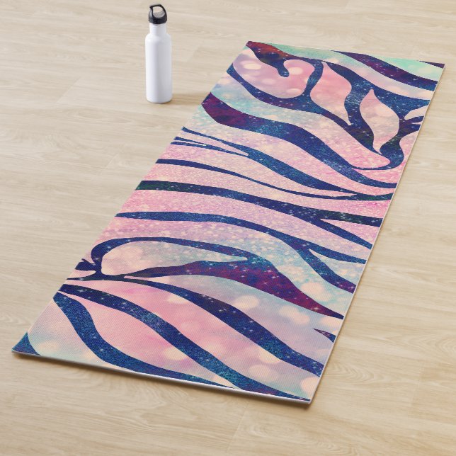 Glamorous Holographic Glitter Blue Zebra Stripes Yoga Mat (In Situ)