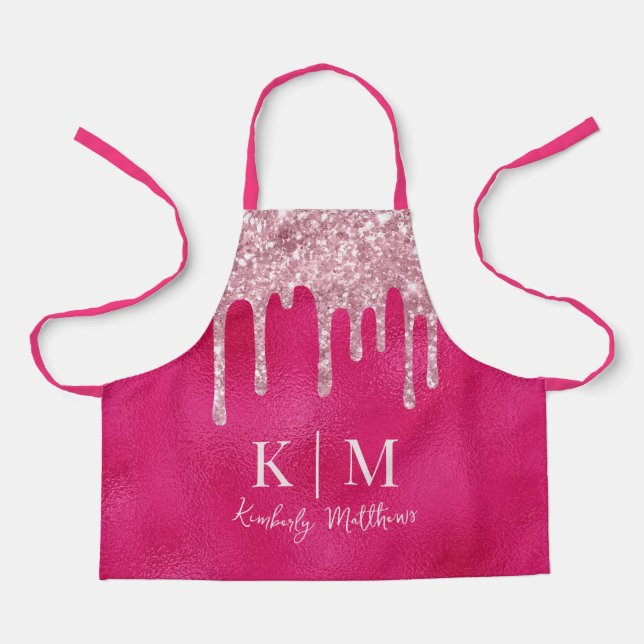 Glamorous Hot Pink Glitter Monogram Initials Apron (Front)