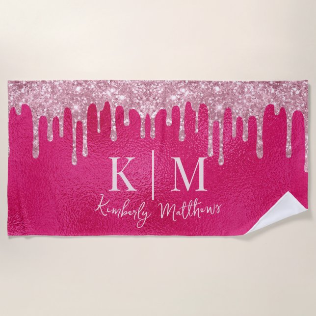Glamorous Hot Pink Glitter Monogram Initials Beach Towel (Front)