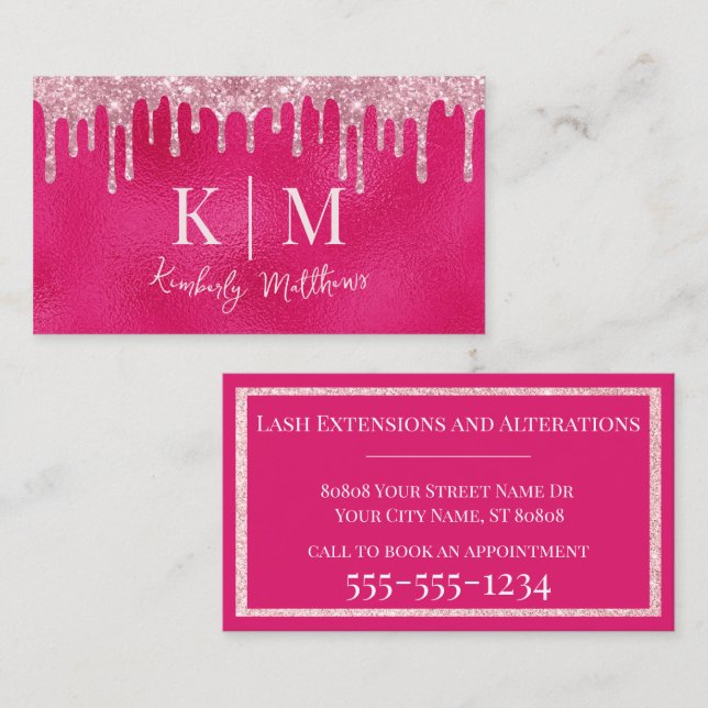 Glamorous Hot Pink Glitter Monogram Initials Business Card (Front/Back)