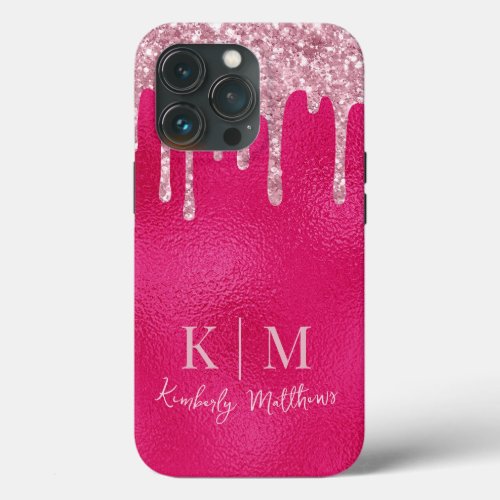 Glamorous Hot Pink Glitter Monogram Initials iPhone 13 Pro Case