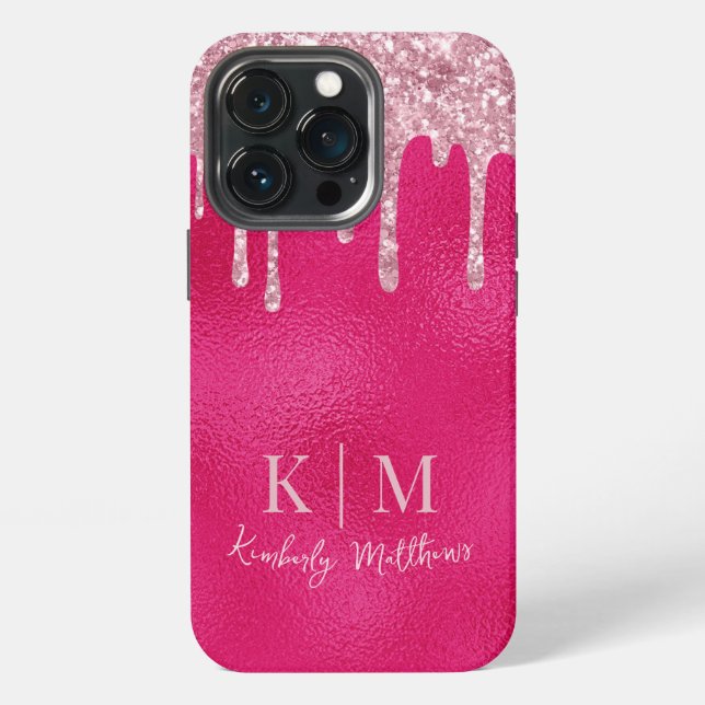 Glamorous Hot Pink Glitter Monogram Initials Iphone Case (Back)