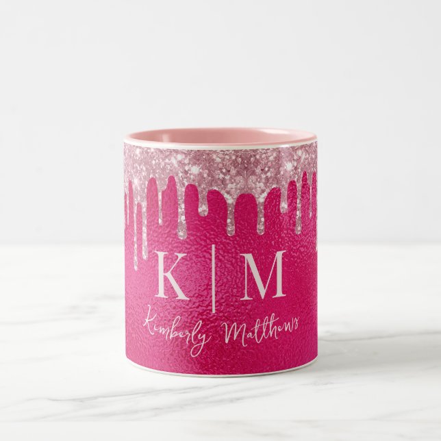 Glamorous Hot Pink Glitter Monogram Initials Two-Tone Coffee Mug (Center)