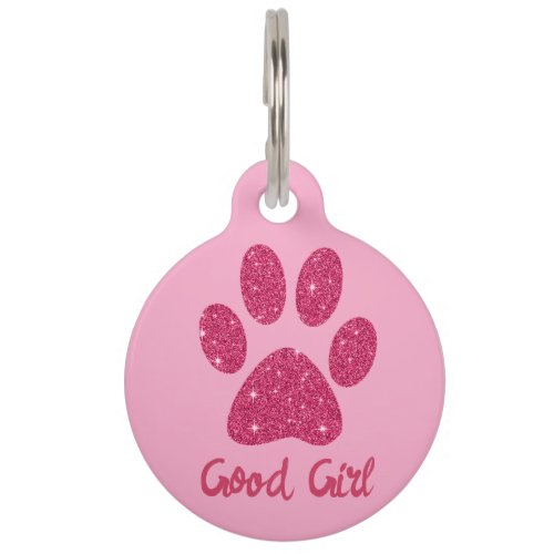 Glamorous Hot Pink Glitter Paw Dog Name Pet ID Tag