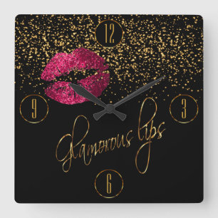Glamorous Hot Pink Lips and Gold Confetti Square Wall Clock