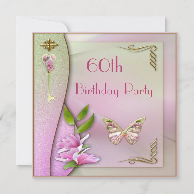 Glamorous Key, Magnolia & Butterfly 60th Birthday Invitation (Front)