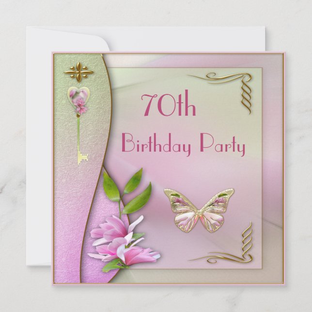 Glamorous Key, Magnolia & Butterfly 70th Birthday Invitation (Front)