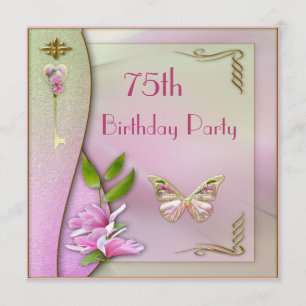 Glamorous Key, Magnolia & Butterfly 75th Birthday Invitation