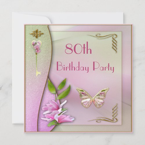 Glamorous Key Magnolia  Butterfly 80th Birthday Invitation