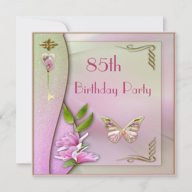 Glamorous Key, Magnolia & Butterfly 85th Birthday Invitation (Front)