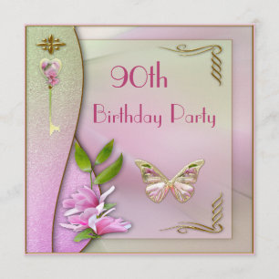 Glamorous Key, Magnolia & Butterfly 90th Birthday Invitation