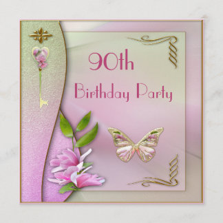 Glamorous Key, Magnolia & Butterfly 90th Birthday Invitation