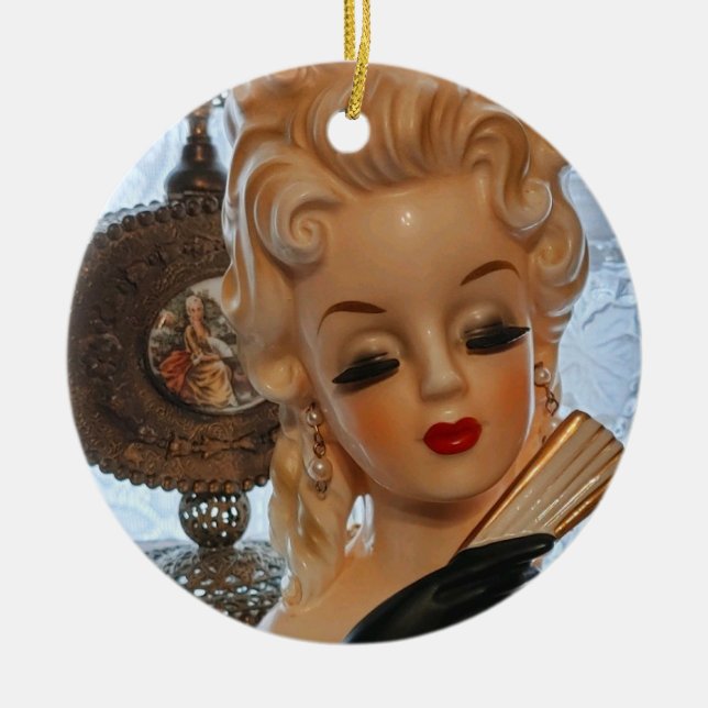 Glamorous Lady Head Vase Fan Perfume Bottles Ceramic Ornament (Front)