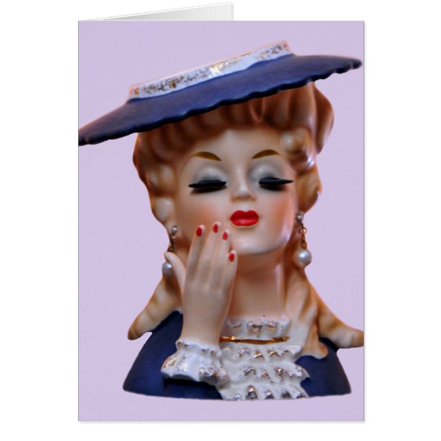 Glamorous Lady Head Vase Fancy Blue Hat Card (Front)