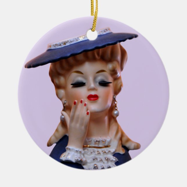 Glamorous Lady Head Vase Fancy Blue Hat  Ceramic Ornament (Front)