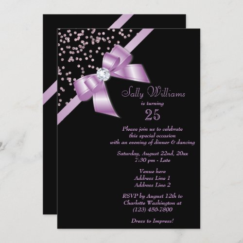 Glamorous Lilac Confetti  Jewel Bow 25th Birthday Invitation