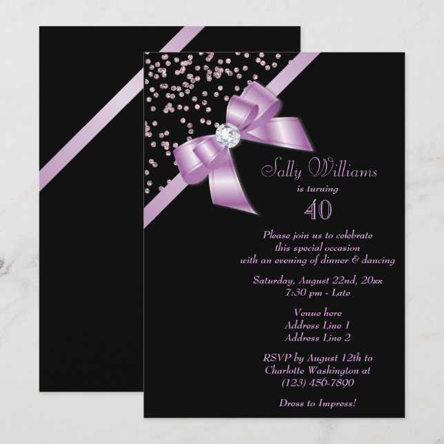 Glamorous Lilac Confetti & Jewel Bow 40th Birthday Invitation (Front/Back)