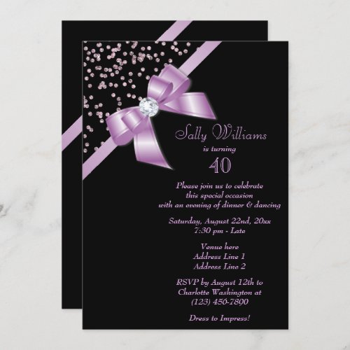 Glamorous Lilac Confetti  Jewel Bow 40th Birthday Invitation