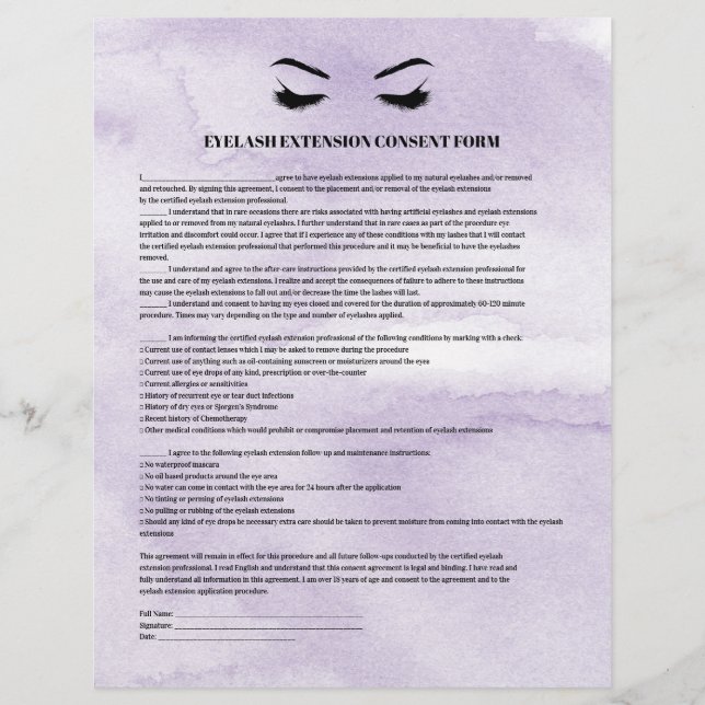 Glamorous Lilac EYELASH EXTENSION CONSENT FORM Flyer (Front)