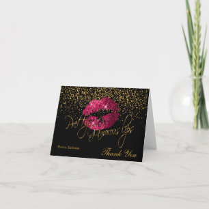 Glamorous Lips Hot Pink Lips on Black Letterpress Thank You Card