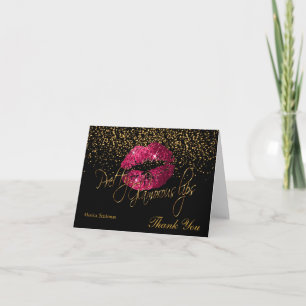 Glamorous Lips Hot Pink Lips on Black Thank You Card
