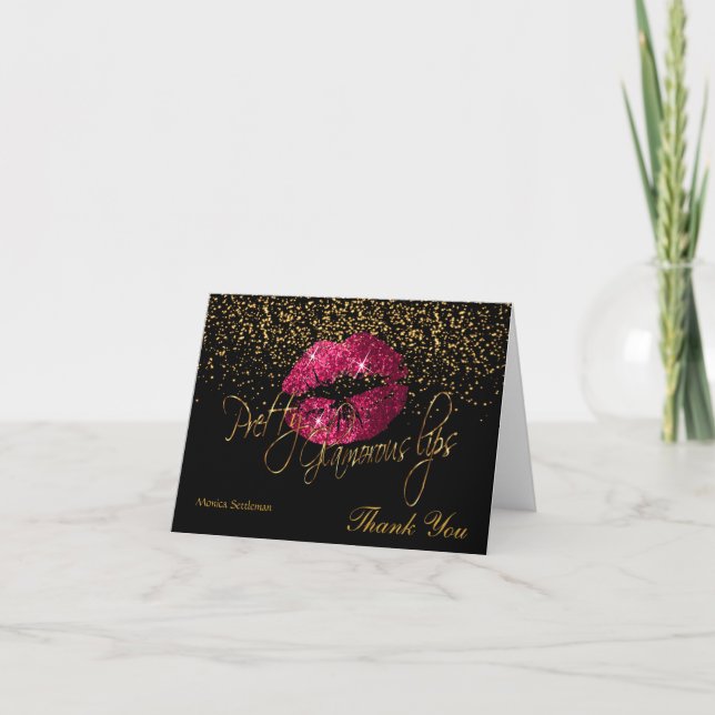 Glamorous Lips Hot Pink Lips on Black Thank You Card (Front)