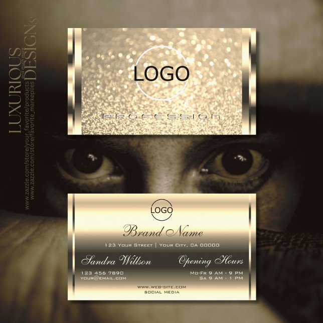 Glamorous Luminous Sparkle Gold Glitter add Logo Business Card (Creator Uploaded)