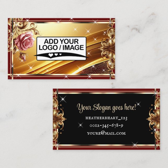 Glamorous Luxury Gold Red Rose Flower with Logo Business Card (Front/Back)