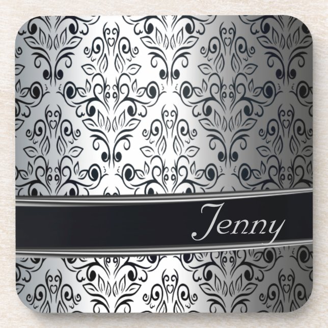 Glamorous luxury silver damask monogram coaster (Front)