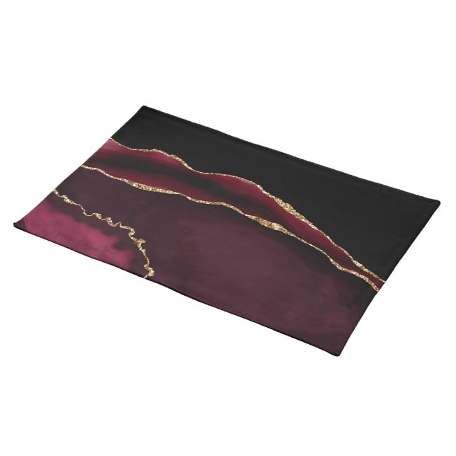 Glamorous Marble Agate Chic Black Purple Gold Cloth Placemat (On Table)