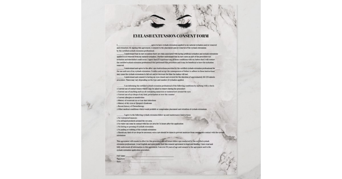 Glamorous Marbled Eyelash Extension Consent Form Flyer Zazzle Com