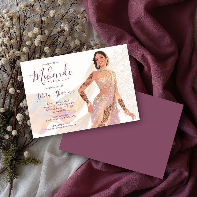 Glamorous Mehendi Bride Henna Plum TLW26 Invitation (Glamorous Plum Mehendi Ceremony Invitation Featuring a Chic Bride Illustration with Henna Art.)