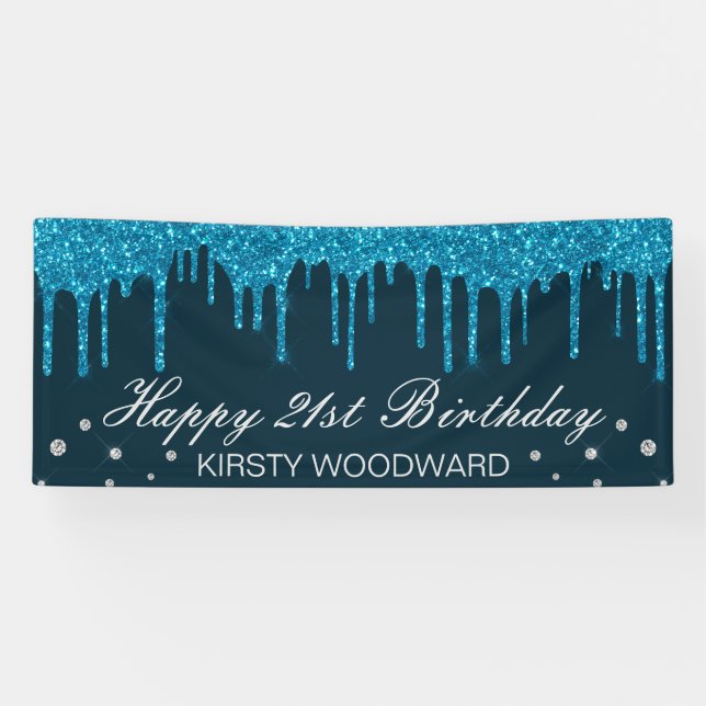 Glamorous Mid Blue Dripping Glitter Birthday Banner (Horizontal)