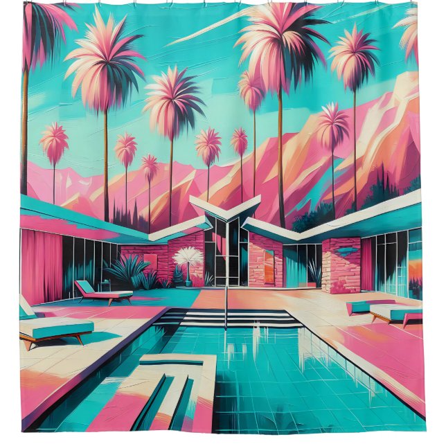 “Glamorous Mid-Century Modern Pool" Shower Curtain (Front)