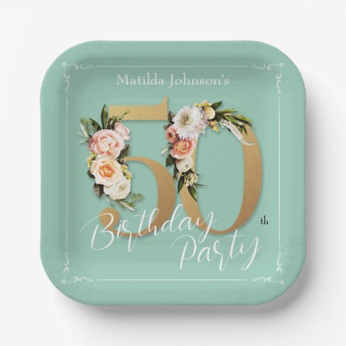 Glamorous Mint 50th Birthday Gold Floral Vintage  Paper Plates