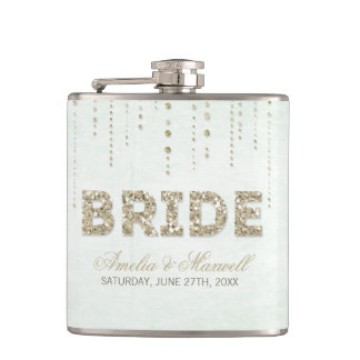 Glamorous Mint Green & Gold Glitter BRIDE Hip Flask