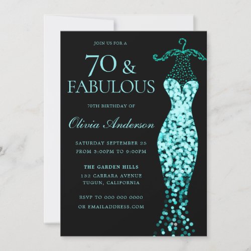 Glamorous Mint Teal Dress Fabulous 70th Birthday Invitation