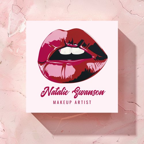 Glamorous Modern Bold Pink Lips Makeup Beauty Square Business Card
