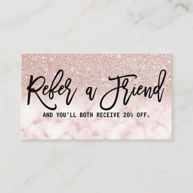 Glamorous Modern Chic Rose Gold Glitter Marble Referral Card (Front)