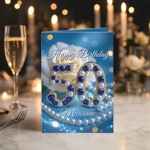 Glamorous Navy Blue Gems and Pearls 50th Birthday