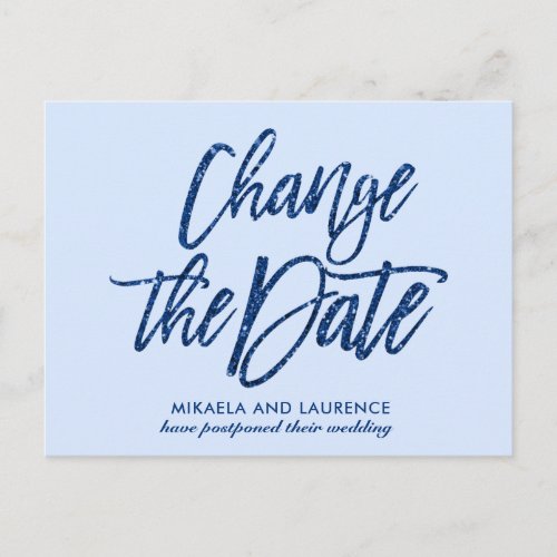 Glamorous Navy Blue glitter script change the date Announcement Postcard