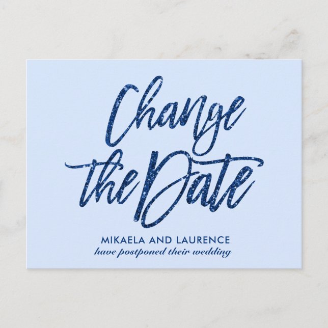 Glamorous Navy Blue glitter script change the date Announcement Postcard (Front)