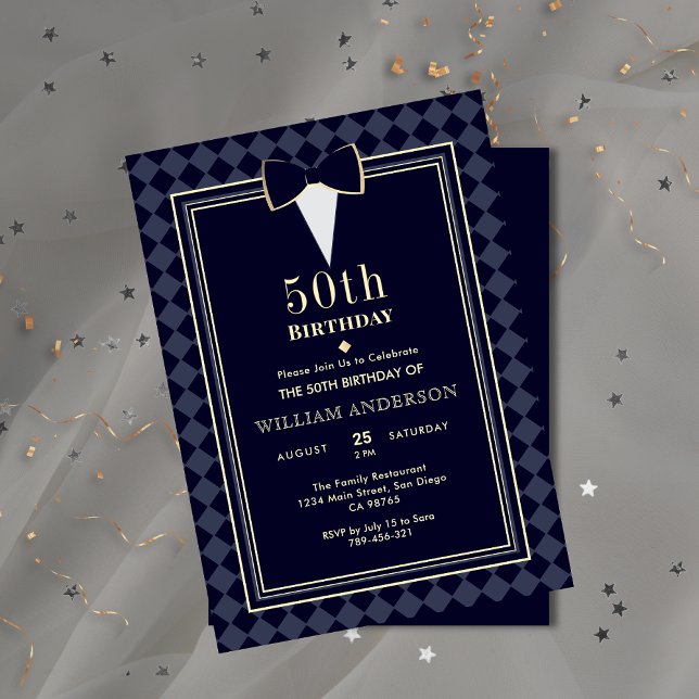 Glamorous Navy Blue & Gold Tuxedo Milestone Age Invitation (Glamorous Navy Blue & Gold Tuxedo Milestone Age Invitation )