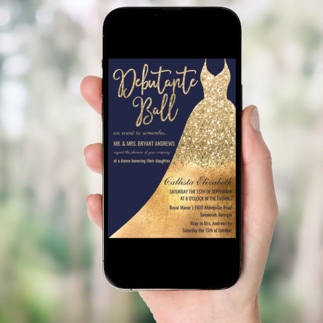 Glamorous Navy Gold Glitter Dress Debutante Dance Invitation (Front Digital)