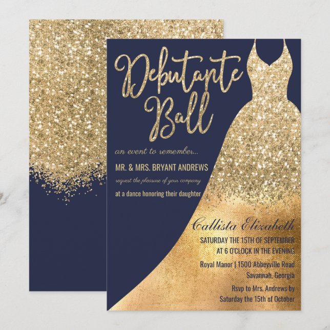 Glamorous Navy Gold Glitter Dress Debutante Dance Invitation (Front/Back)