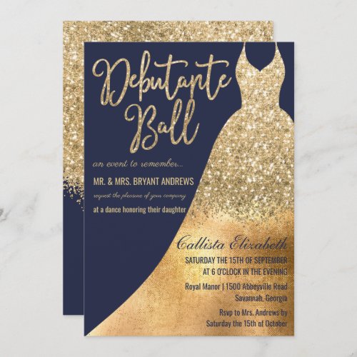 Glamorous Navy Gold Glitter Dress Debutante Dance Invitation