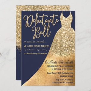 Glamorous Navy Gold Glitter Dress Debutante Dance Invitation