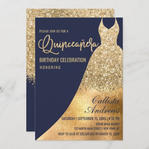 Glamorous Navy Gold Glitter Dress Quinceaera Invitation