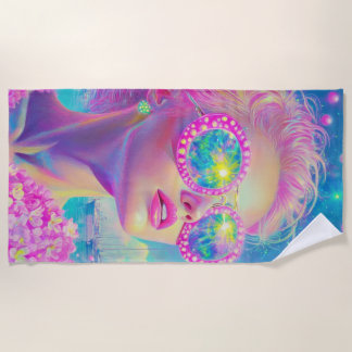 Glamorous Neon Woman with Sparkling Glasses Beach Towel