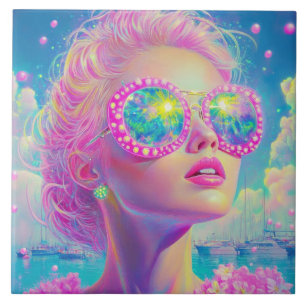 Glamorous Neon Woman with Sparkling Glasses Ceramic Tile